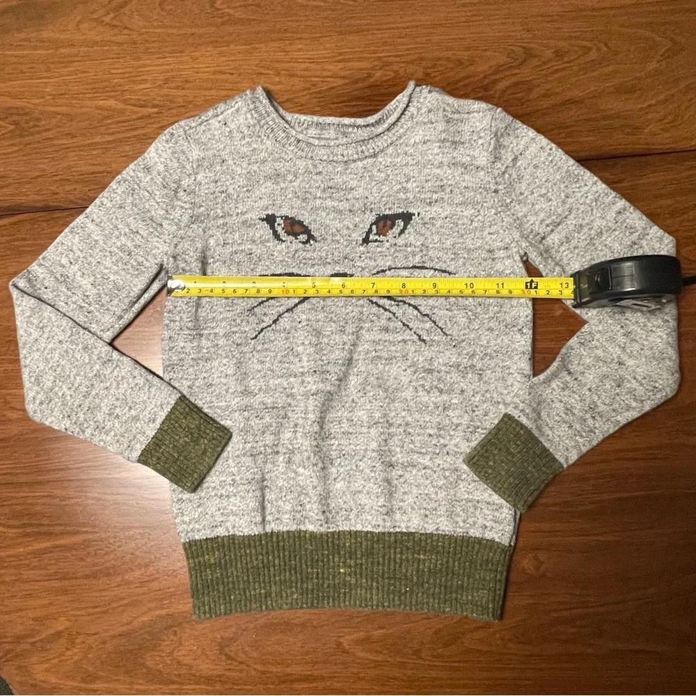 Kids GAP Heather Gray Sweater with Cat Face and Olive Trim 100% cotton sz 6/7 - Picture 5 of 9